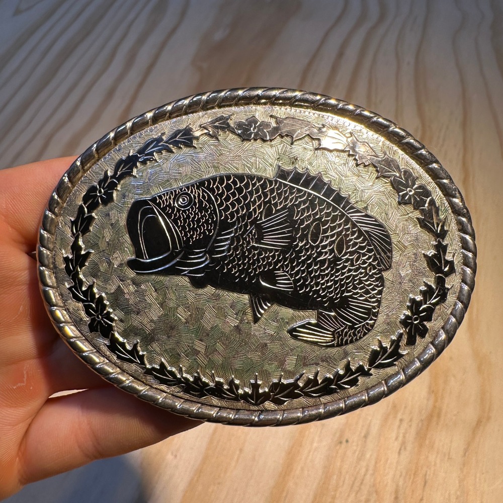 W Bass Fish Belt Buckle Silver Tone Western Fishing Made in USA Oval Large